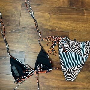 PrettyLittleThing Black and Orange Striped Bikini